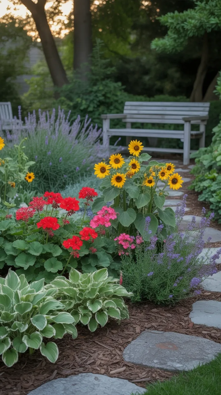 Sunlit Garden Retreat with Geraniums, Sunflowers, and a Weathered Bench