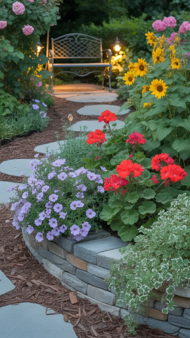 Pathway to the Hidden Bench Amid Cascading Blooms