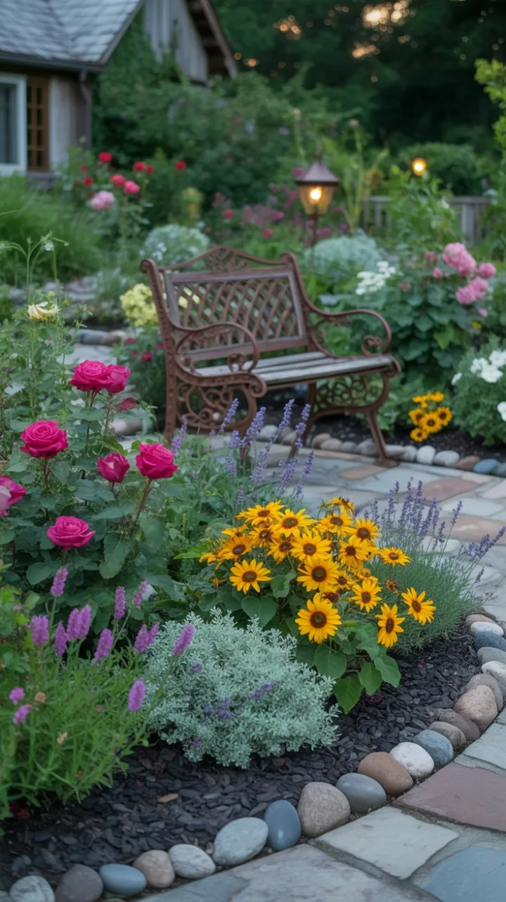 Cottage Garden in Bloom With Crimson Roses Lavender and Sunlit Sunflowers