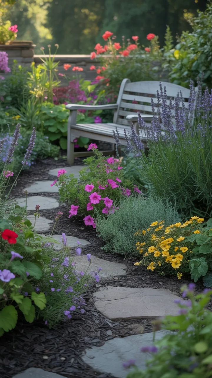 Sunlit Secret Garden Path to a Weathered Bench