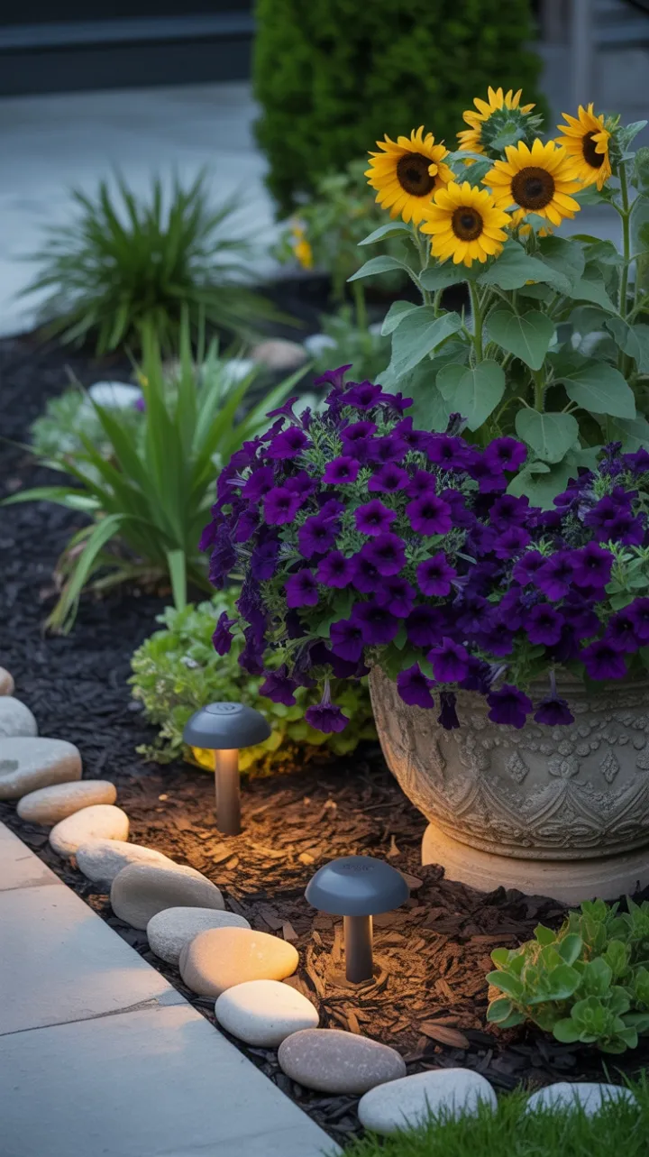 Sunlit Serenity with Deep Purple Petunias and Golden Sunflowers