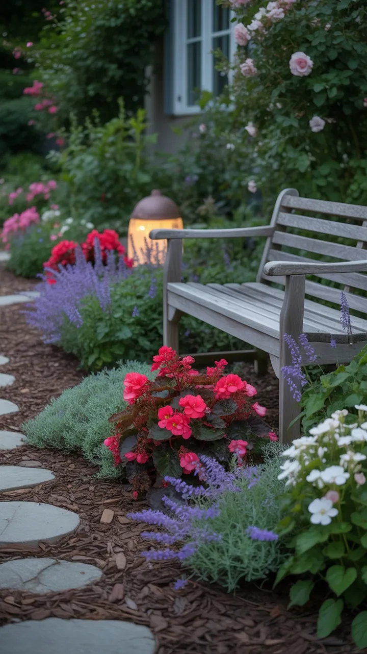 Cottage Garden Retreat with Crimson Begonias, Lavender Salvia and a Weathered Bench