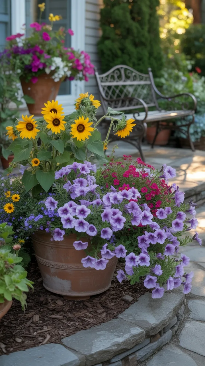 Sunlit Haven of Petunias and Sunflowers