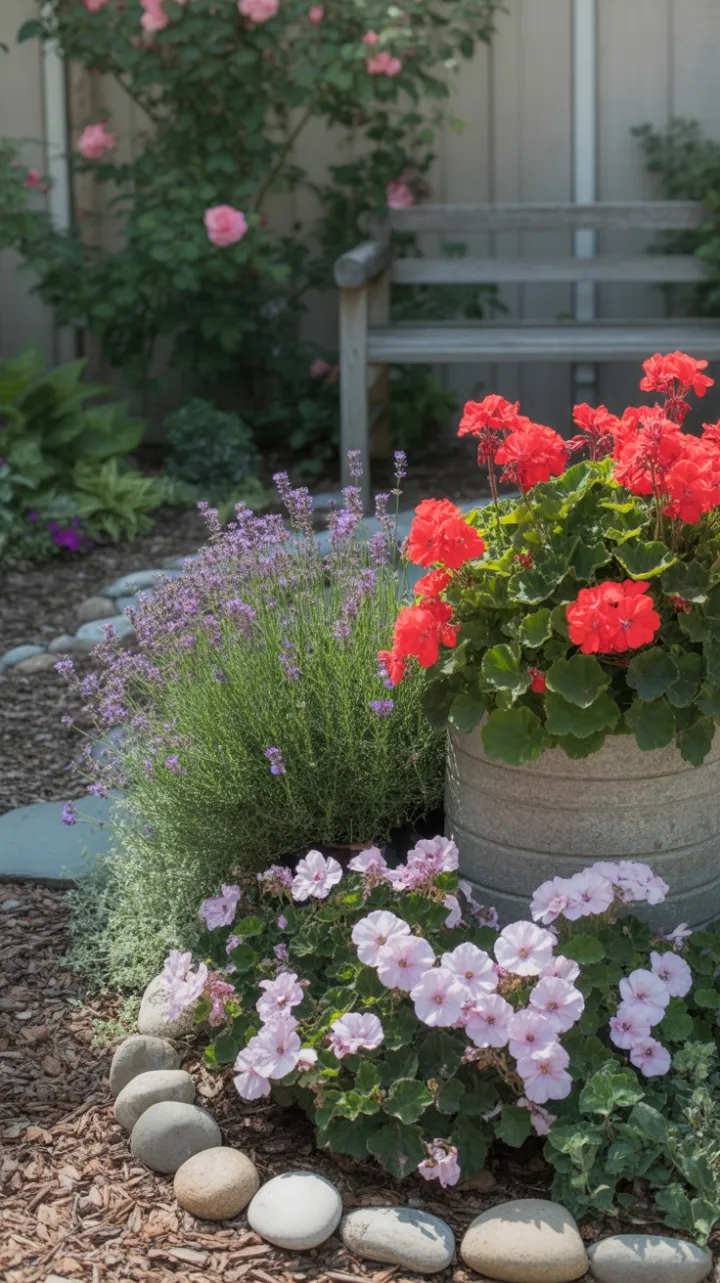 Lavender and Geraniums Overflowing in a Sunlit Cottage Garden