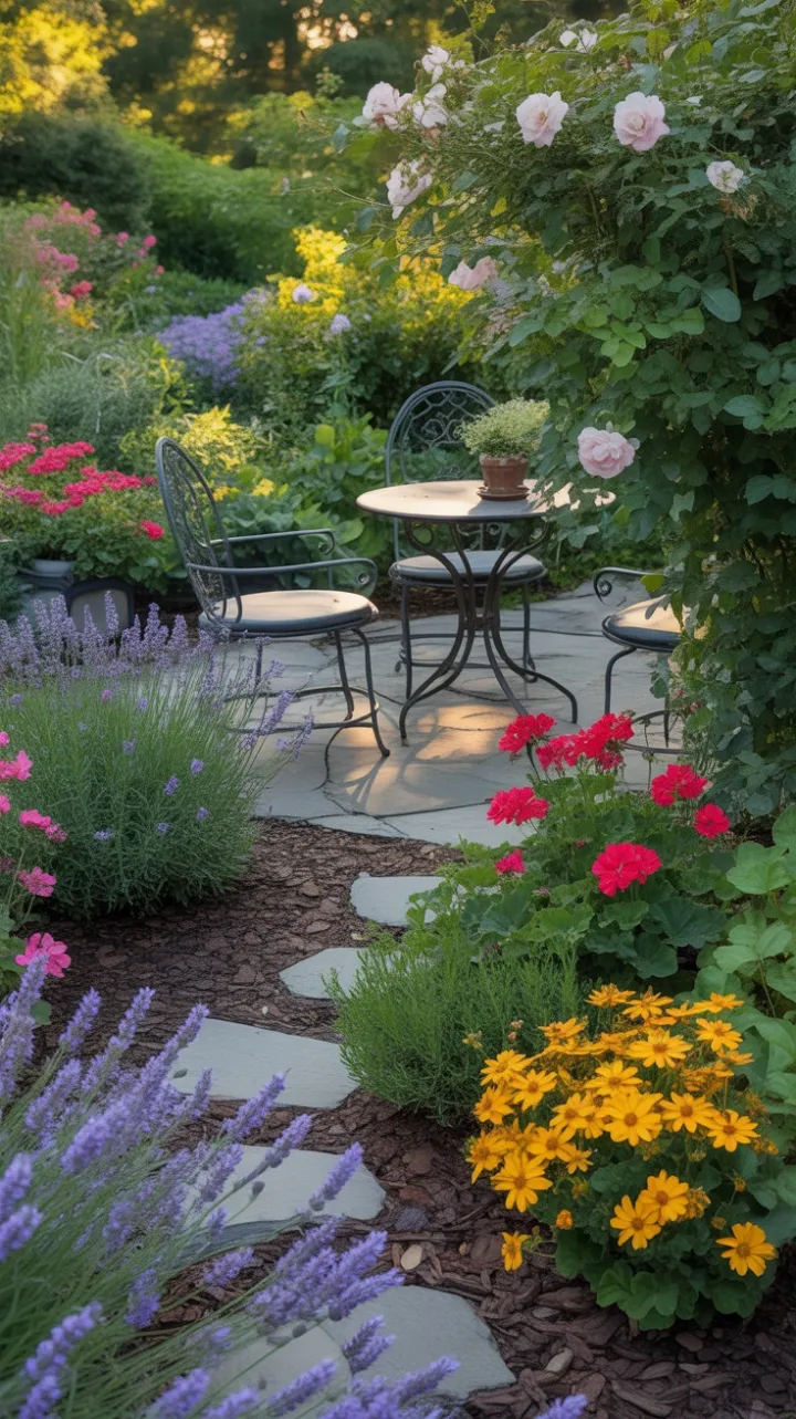Winding Stone Path to a Sunlit Lavender and Rose Bistro