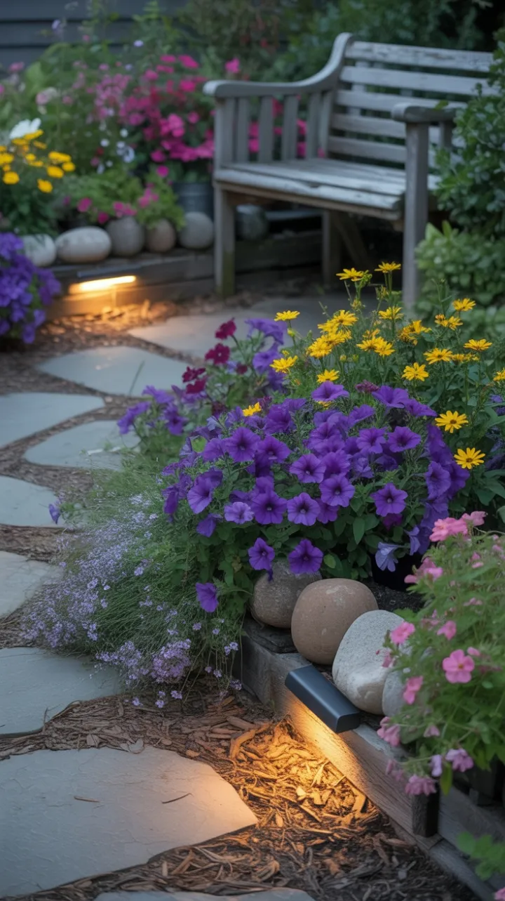 Golden Hour Garden Path to a Weathered Bench