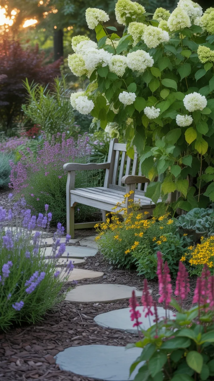 Sunlit Curved Path to a Hydrangea-Shaded Bench