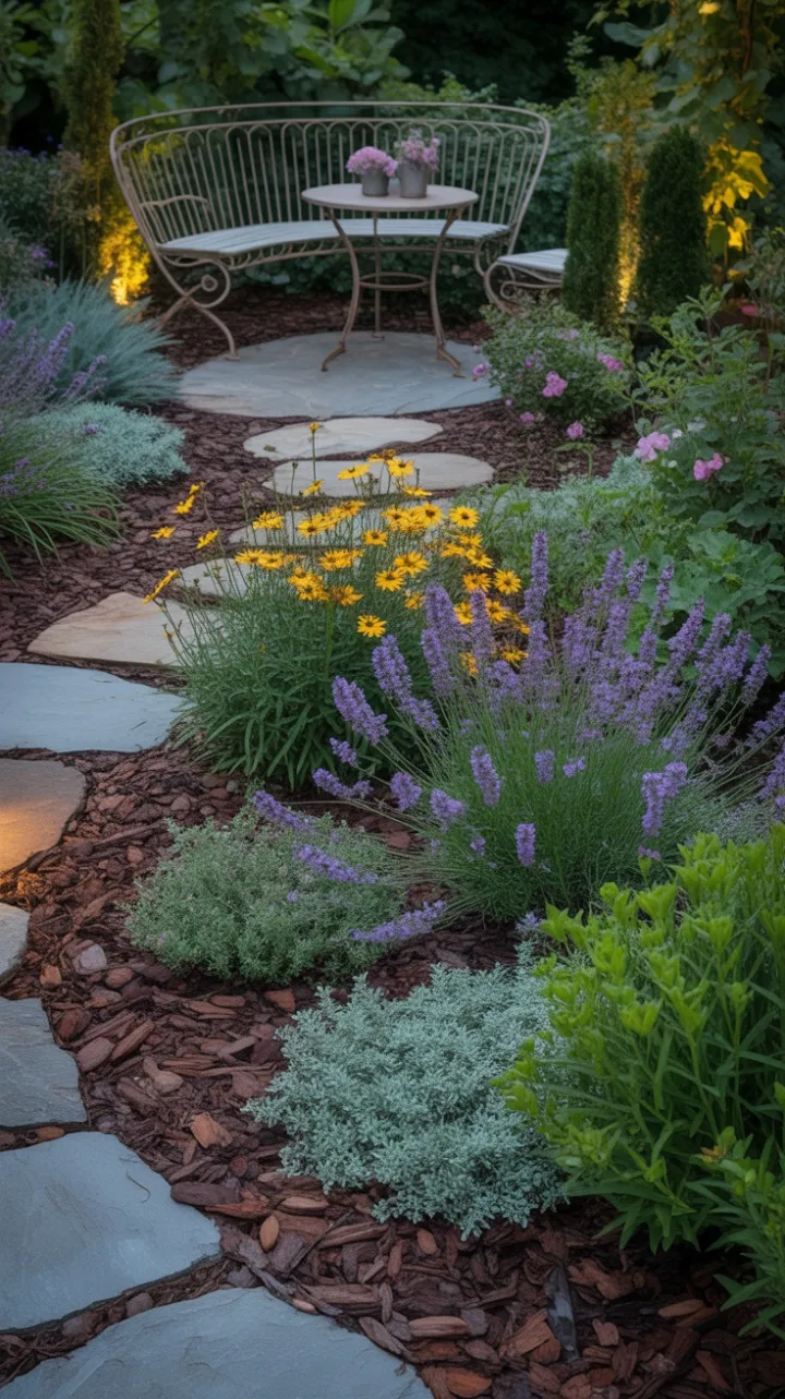 Lavender-Lined Stone Path to a Wrought-Iron Garden Retreat