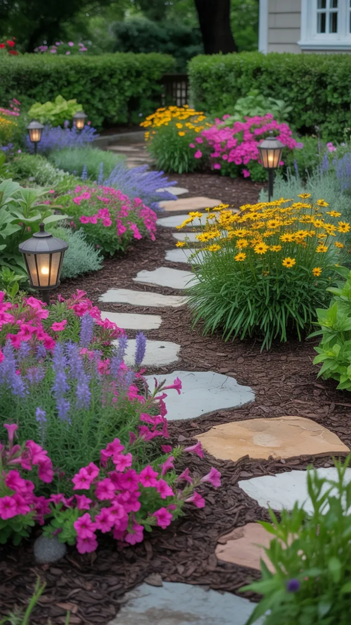 Winding Stone Path Through a Symphony of Petunias and Lavender