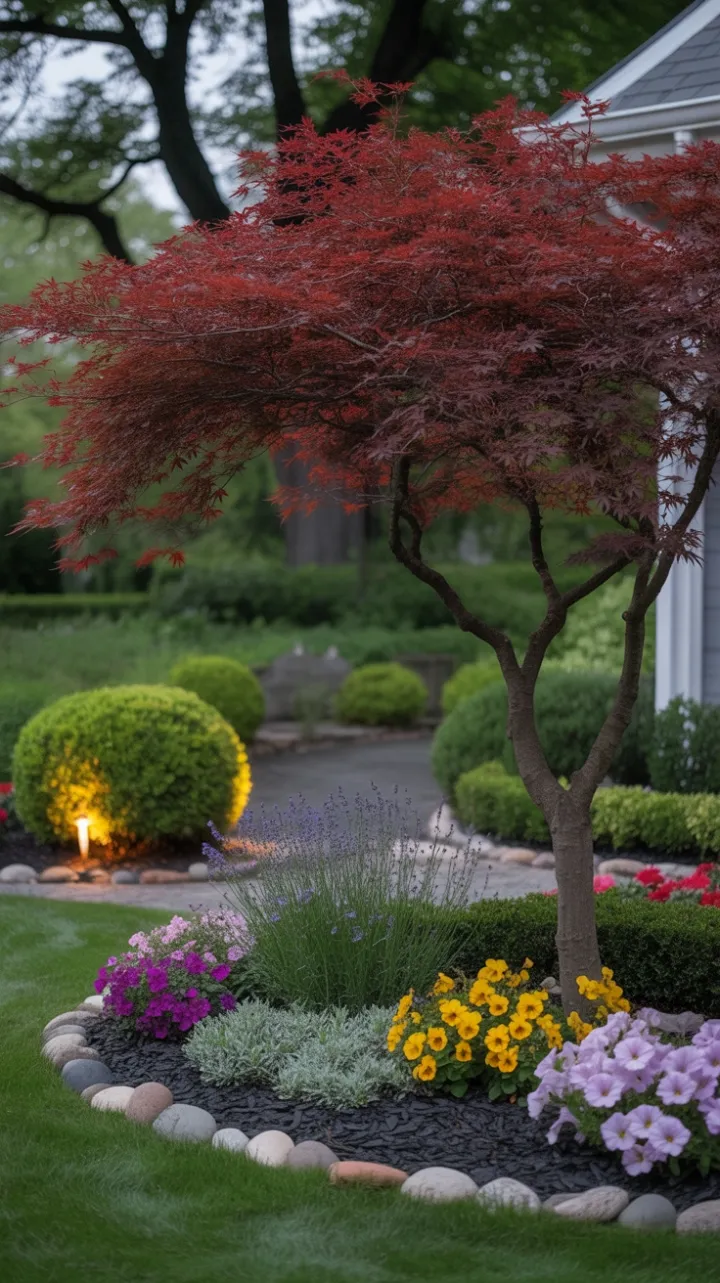 Tranquil Garden Path Under a Crimson Japanese Maple