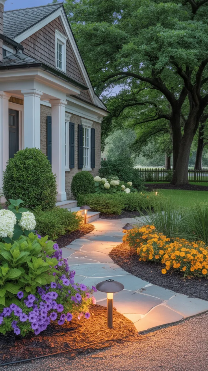 Sunlit Colonial Entrance Framed by Lush Greens and Vibrant Blooms