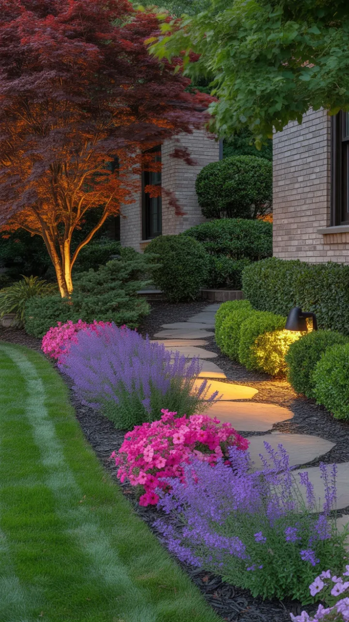 Twilight Garden Pathway Framed by Fiery Maple and Lavender