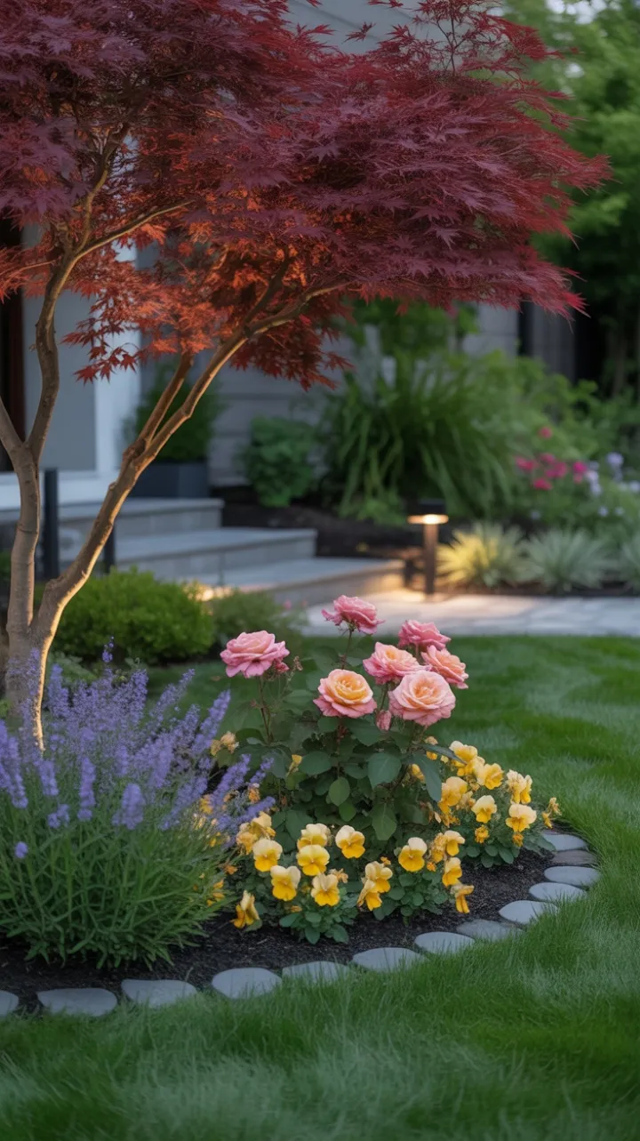 Crimson Maple Sunset Over a Rose-Lined Garden Path