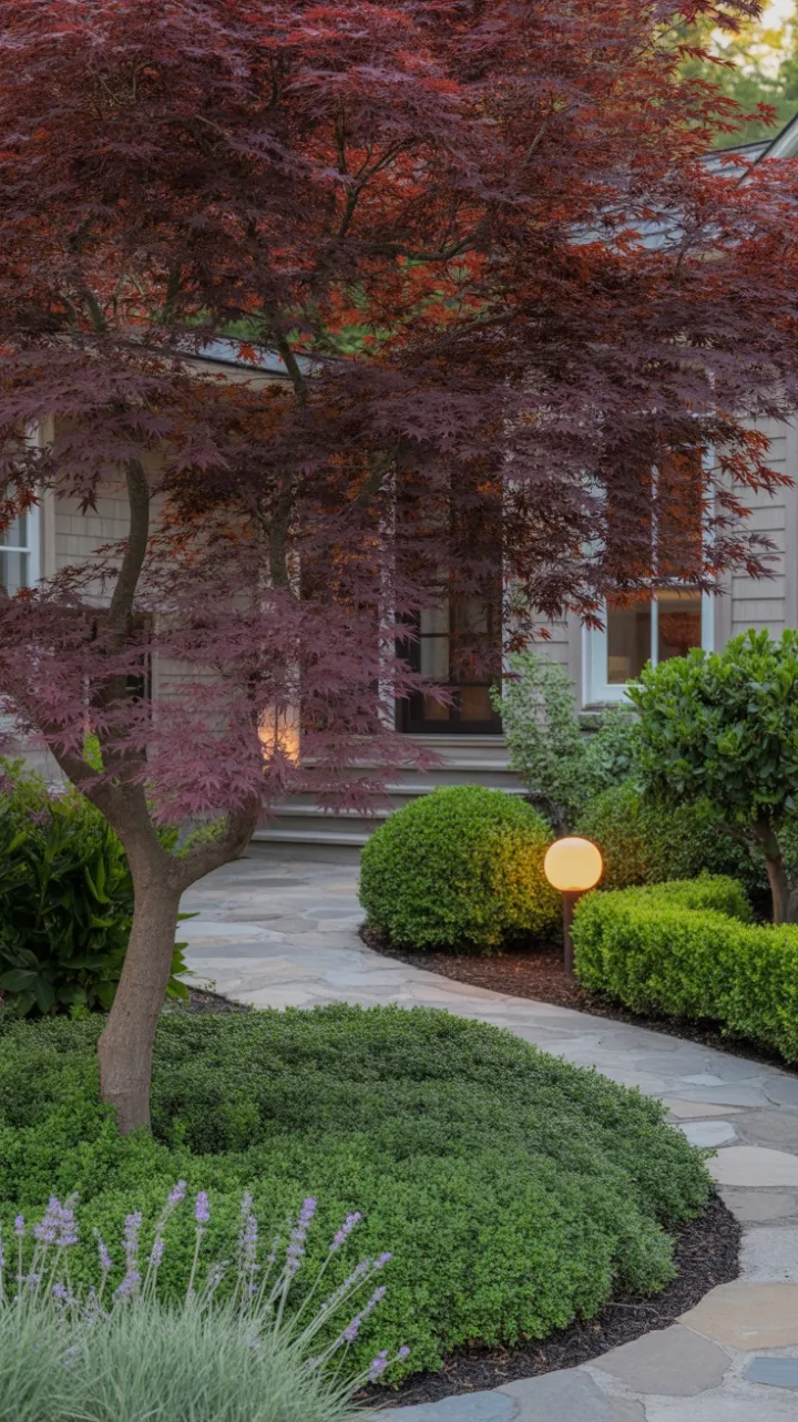 Crimson Canopy Over a Lavender‑Lined Stone Path