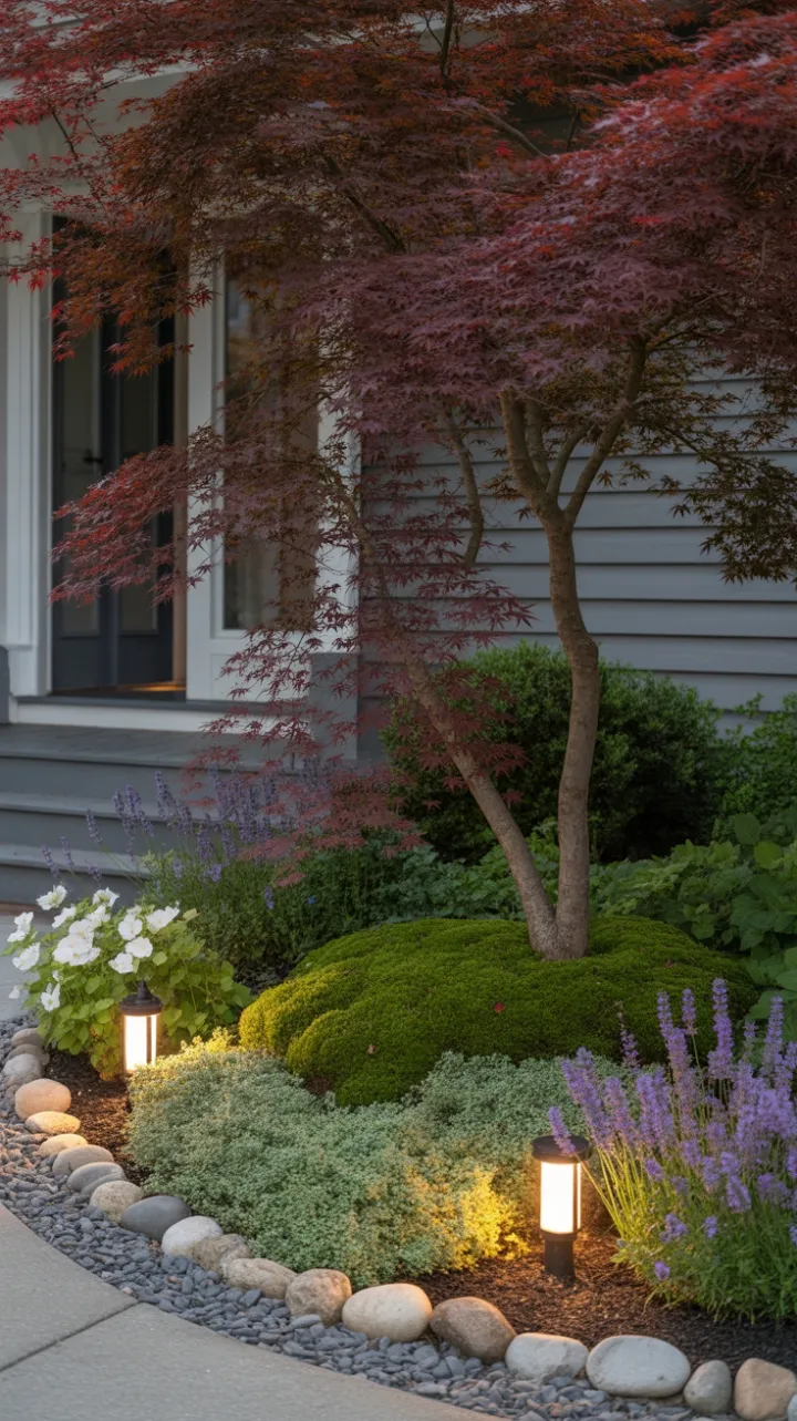 Crimson Canopy Over a Lavender-Lined Stone Path