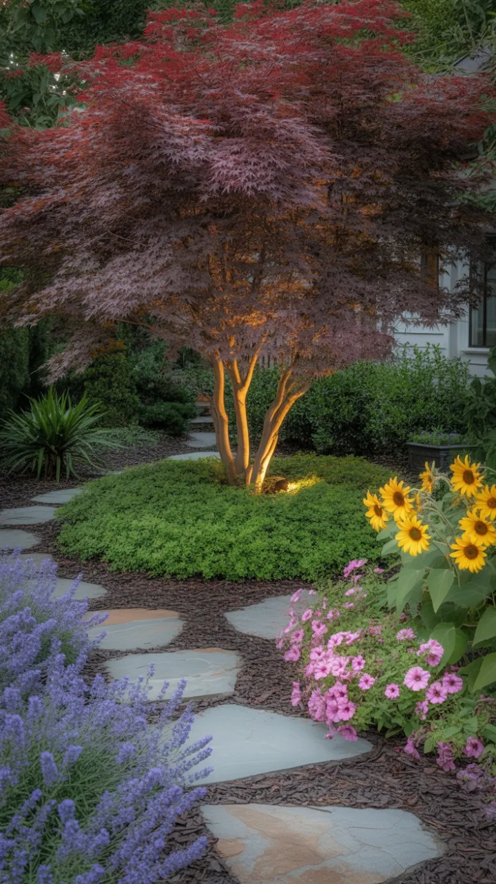 Crimson Maple Sanctuary with Lavender Borders and Sunlit Stone Paths