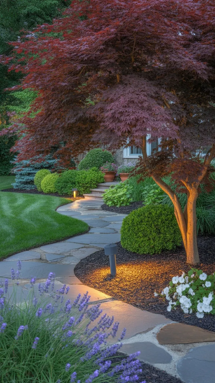 Tranquil Elegance Beneath a Crimson Japanese Maple