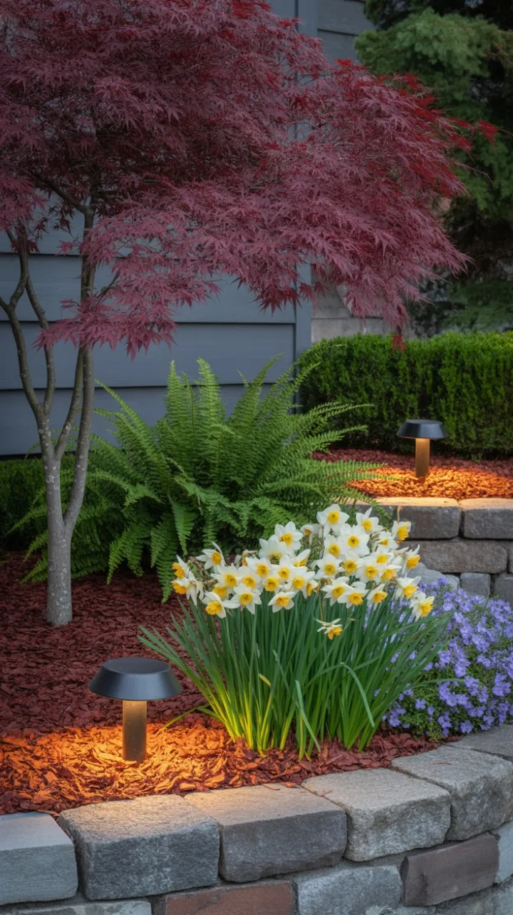 Crimson Maple Over a Tapestry of Ferns and Daffodils Warmly Lit by Path Lights