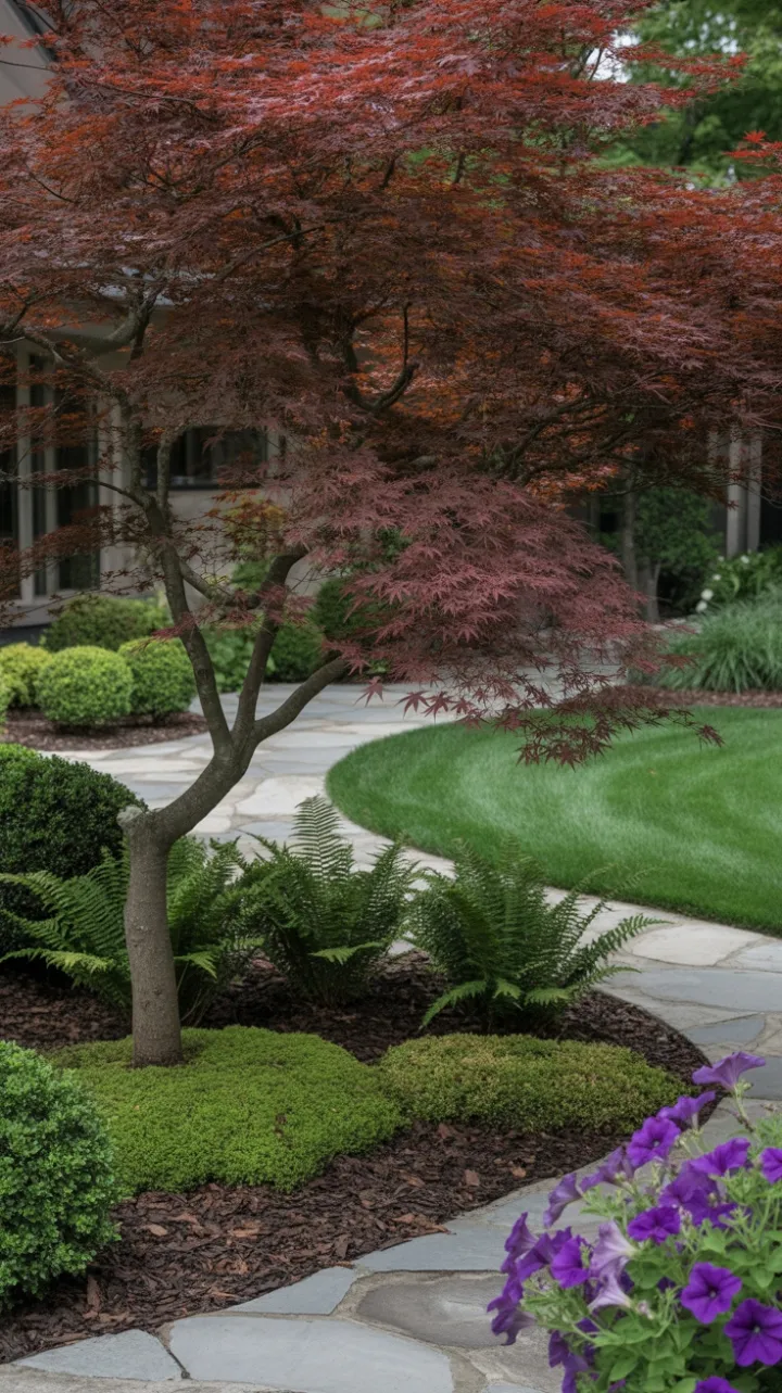 Crimson Canopy Over a Winding Stone Path