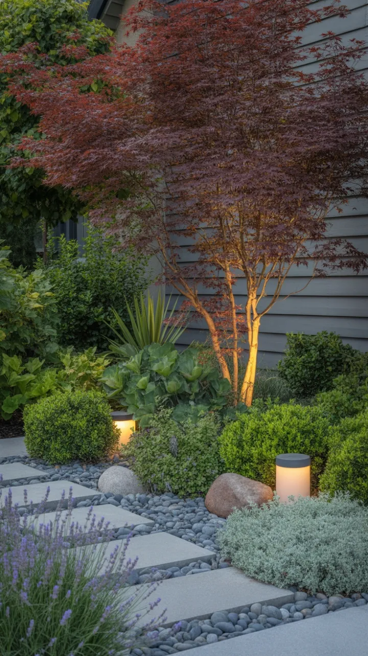 Crimson Maple Garden with Lavender, Thyme, and Soft Pathlight Glow