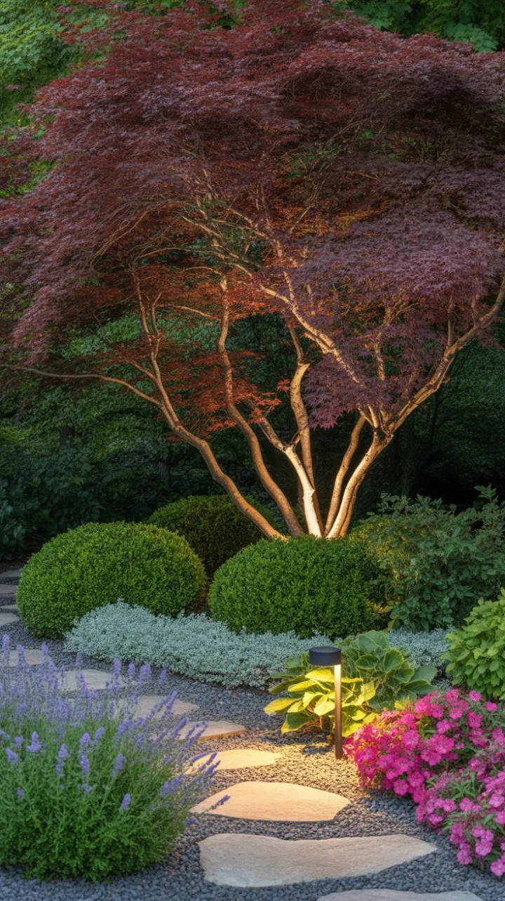 Crimson Canopy of Tranquility – A Japanese Maple Garden in Sunset Glow