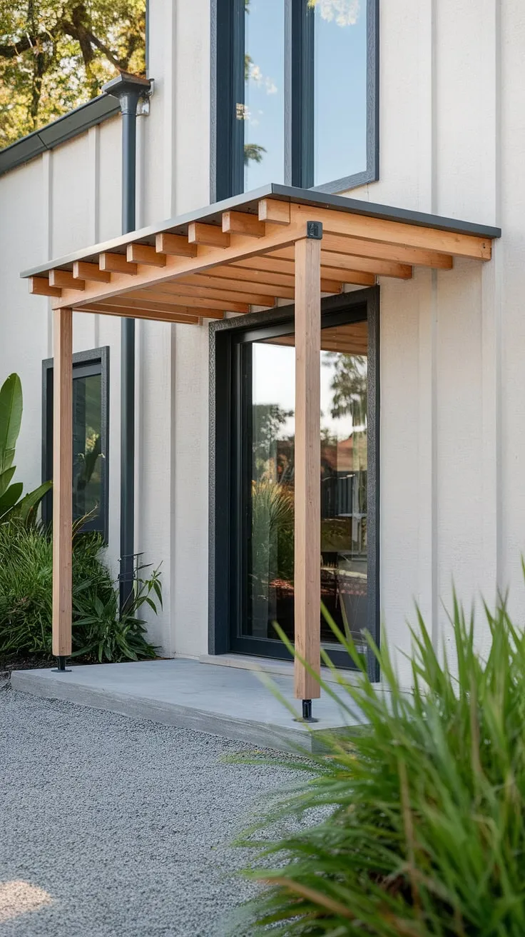 The sleek lines of this modern pergola and its wood awning beautifully frame the front door. This front door awning, a clever door overhang solution, provides welcome shade and enhances the home's aesthetic.  The house awnings are a perfect example of how a simple DIY awning can add significant curb appeal, transforming the front porch awning into a focal point.