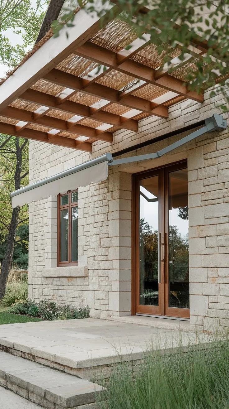 This modern pergola, complete with a thatched roof and a stylish front porch awning, offers the perfect blend of rustic charm and contemporary design.  The weather-resistant door awning provides welcome shade over the glass front door, creating a truly inviting entrance.  A DIY awning project wouldn't achieve this level of sophisticated elegance.  The house awnings and door overhang add to the overall curb appeal.