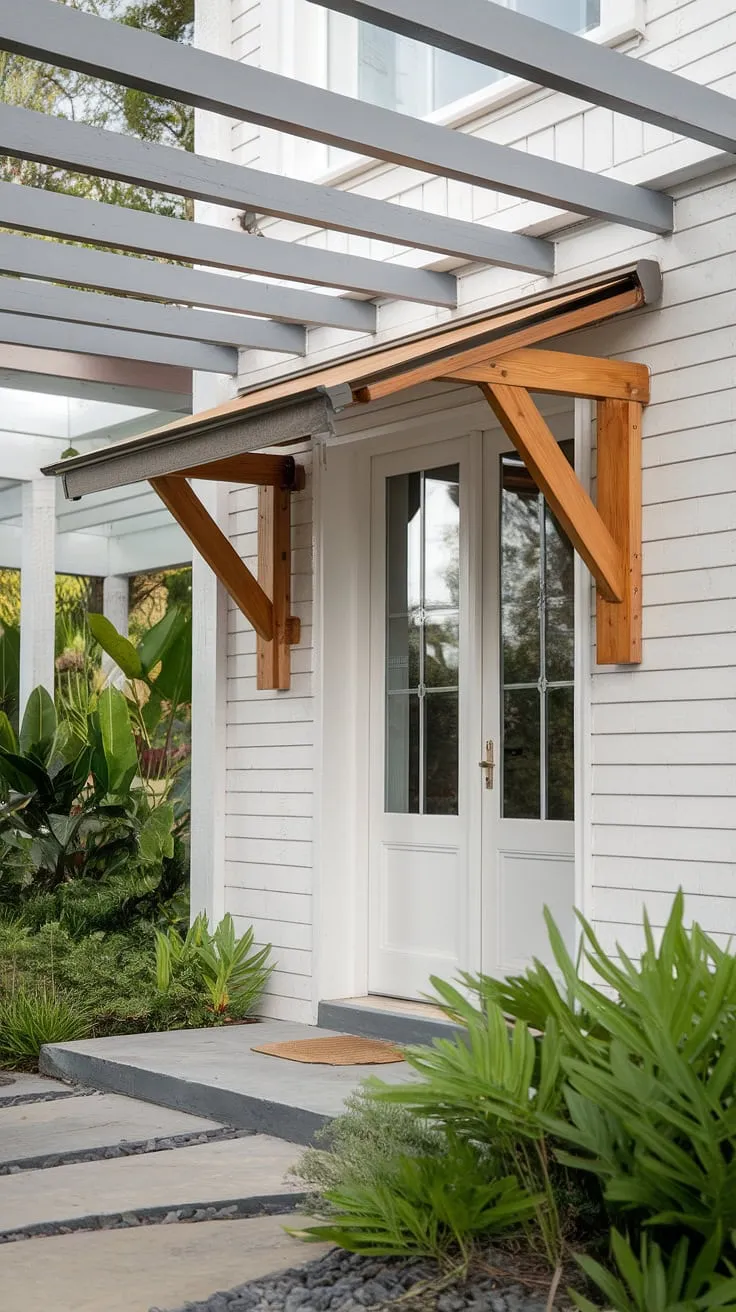 This modern pergola, complete with a stylish wood awning over the front door, offers a welcoming entrance and a touch of shade. The DIY awning perfectly complements the house awnings, creating a charming door overhang.  The front porch awning and front door awning add both functionality and aesthetic appeal.