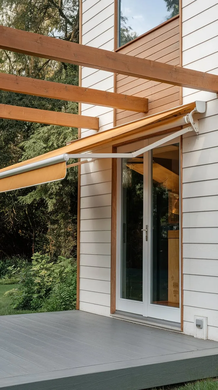 A welcoming entrance defined by a custom-built wood awning. This door awning, extending from a modern pergola, provides a shaded retreat over the front door. The porch awning's design is both functional and aesthetically pleasing, a perfect example of house awnings done right.  The awning over door adds a touch of modern charm to this home.