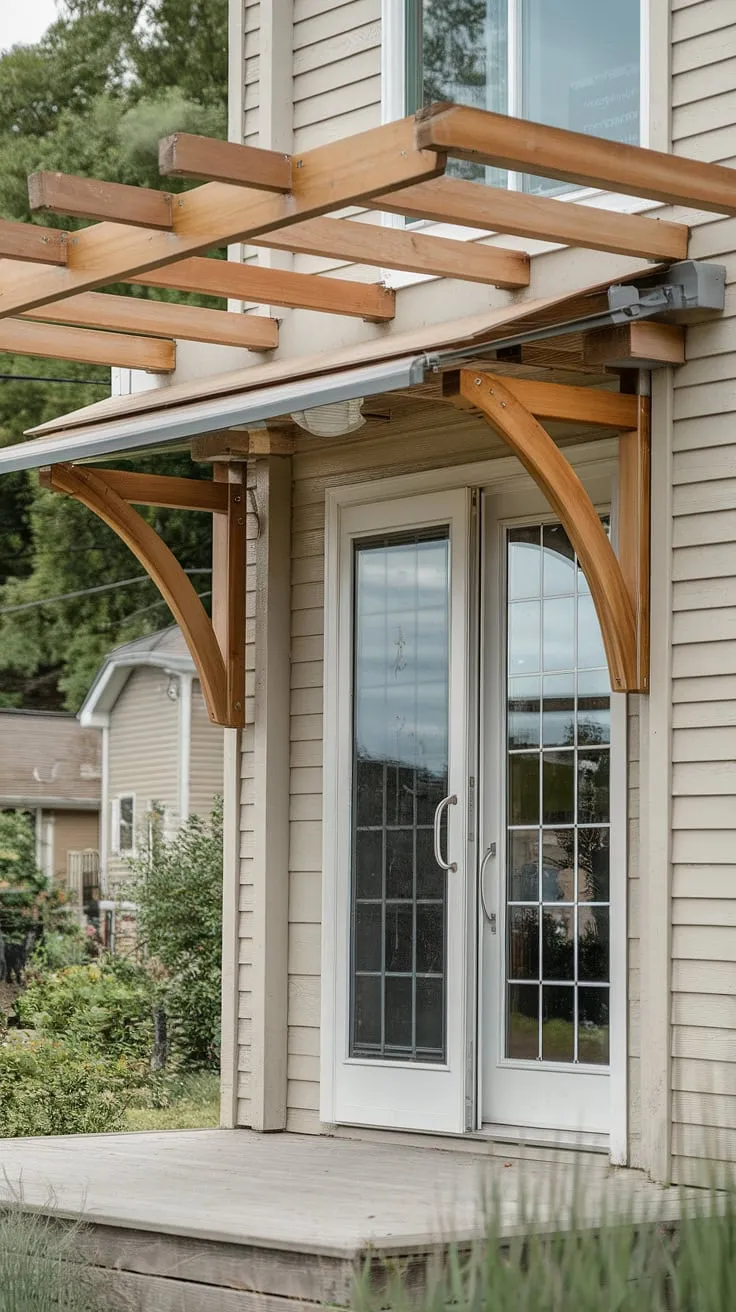 This modern pergola with its stylish wood awning creates the perfect shaded haven over the front door, offering both elegance and protection from the elements.  The front porch awning, a DIY-inspired design, adds a touch of warmth and character to this suburban home, showcasing the beauty of house awnings and a clever door overhang.