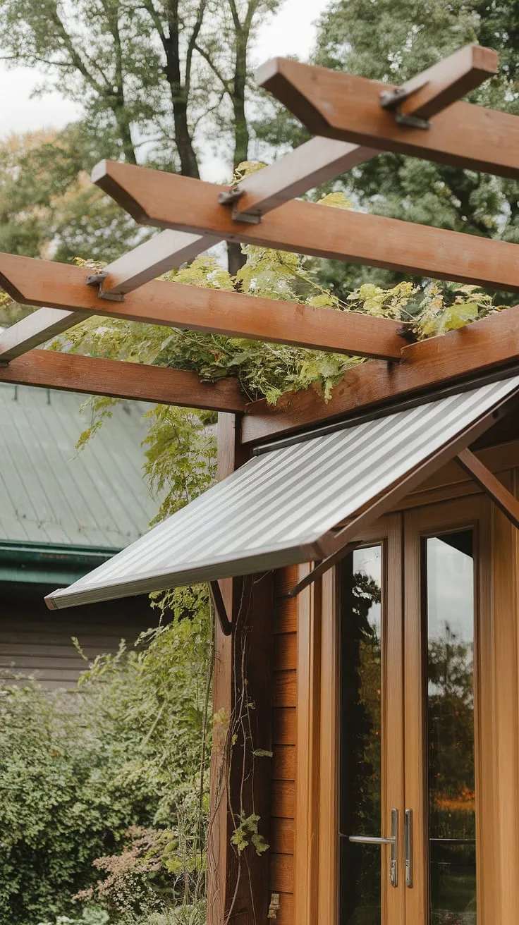 A beautifully crafted wood awning provides a stunning door overhang, transforming this simple front door into a focal point. The modern pergola and its carefully designed front door awning, a perfect example of a porch awning, showcase the artistry of a DIY project and add undeniable curb appeal to this home.