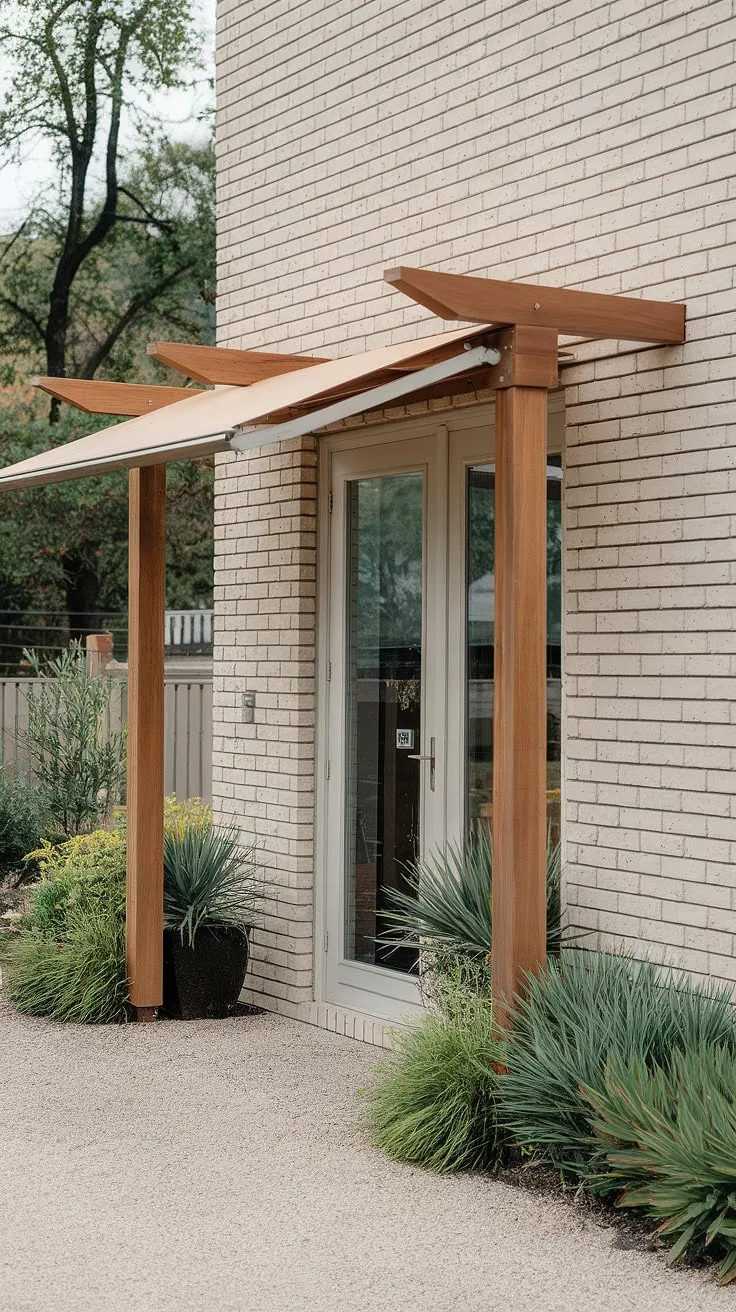 A beautifully crafted wood awning extends from this modern pergola, acting as a functional and aesthetically pleasing front door awning.  The awning over door provides welcome shade and a touch of architectural interest, enhancing the overall design of the house awnings. This porch awning and door overhang are a testament to thoughtful design and skilled craftsmanship.