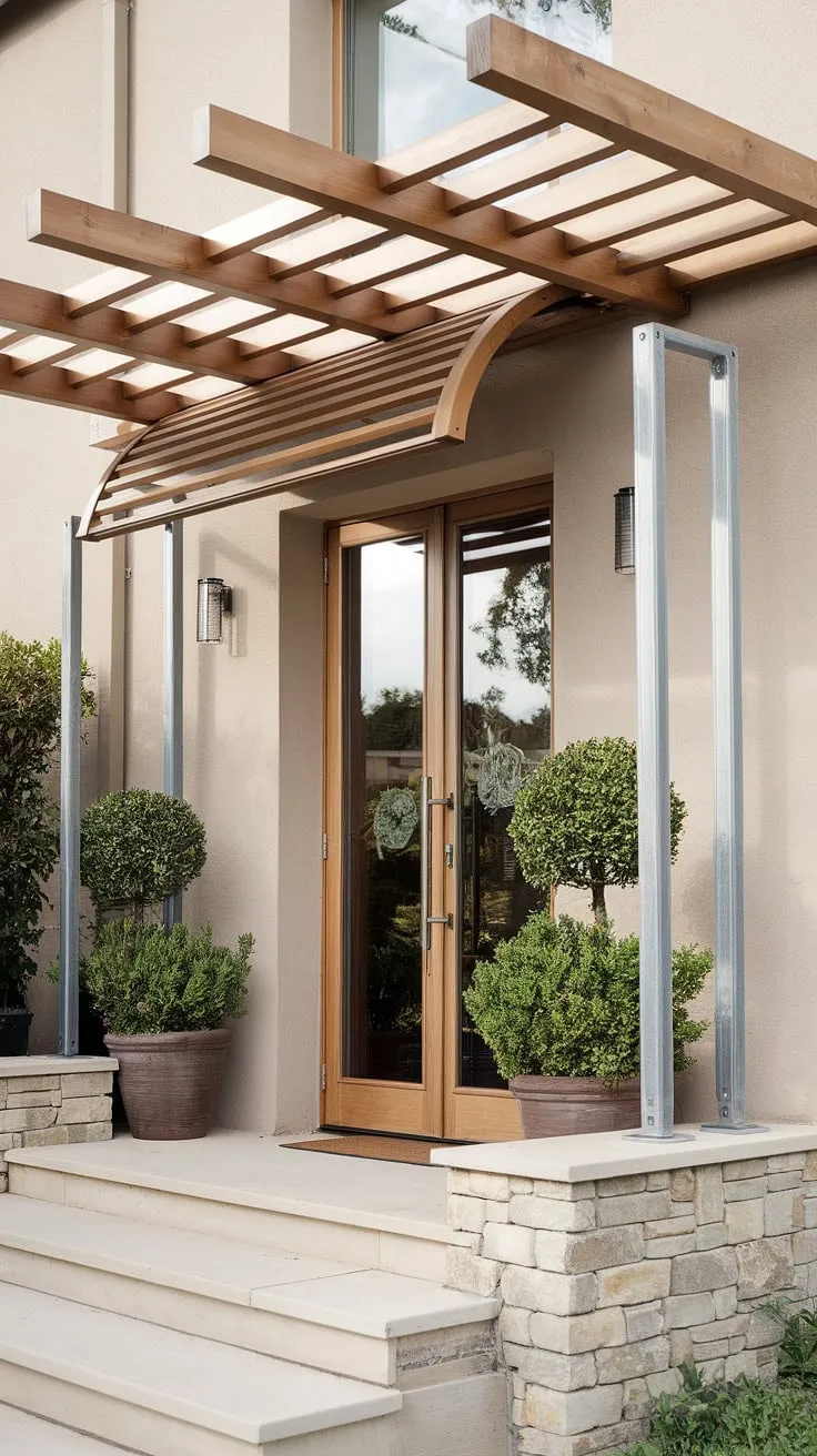 A stunning wood awning, acting as a front door awning and porch awning, transforms this entrance. The modern pergola design, with its clean lines and functional door overhang, offers both shade and architectural interest.  This DIY awning project showcases the beauty of simple house awnings, creating a welcoming atmosphere with the added touch of potted plants flanking the door.