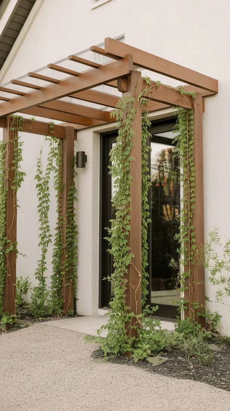 Stylish Wood Awning Over Front Door with Lush Vines