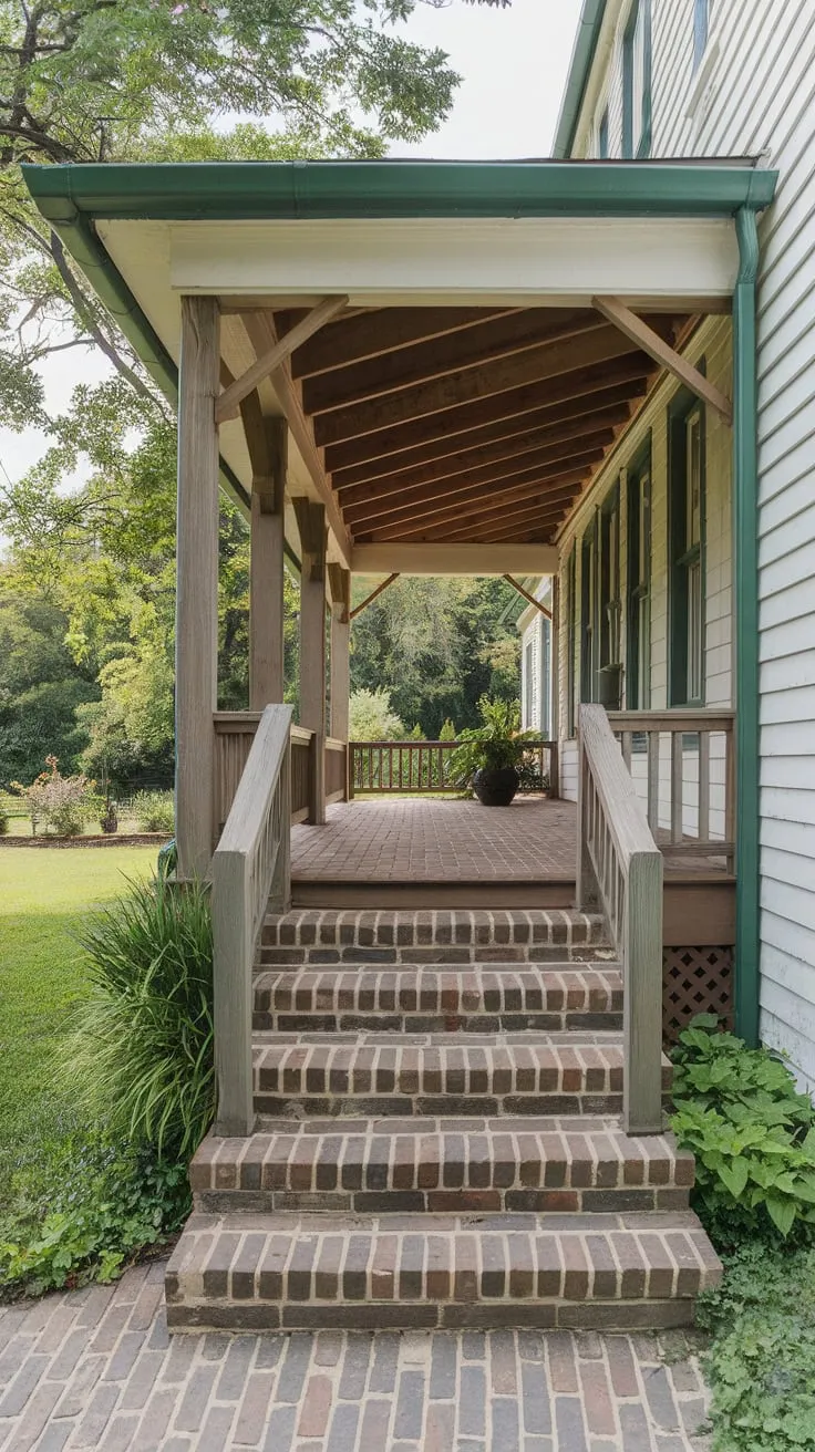 Charming Front Porch with Wooden Beams and Brick Accents