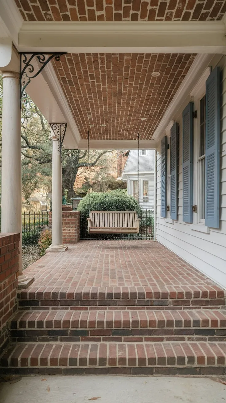 Inviting Porch Oasis with Brick Details and Ironwork