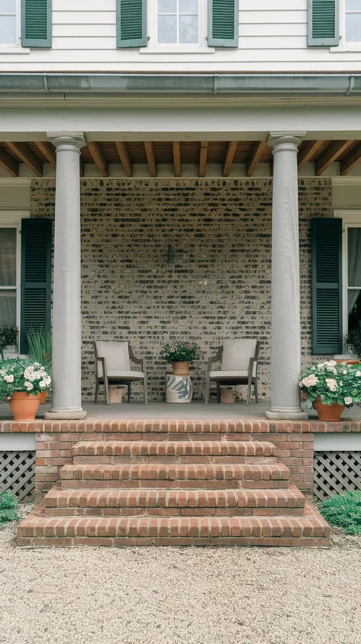 Inviting Porch Oasis with Brick Steps and Cozy Decor
