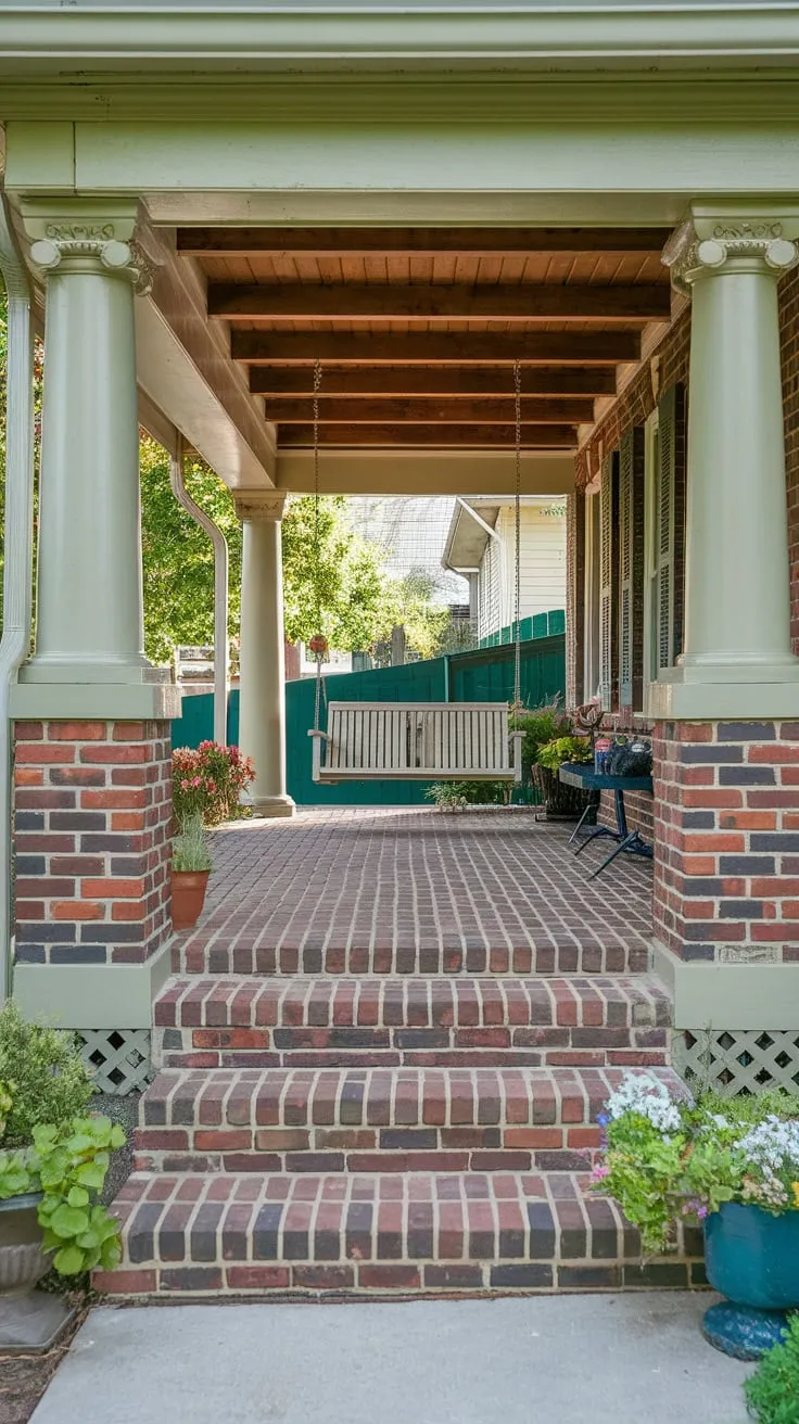 Charming Front Porch with Wooden Beams and a Swing