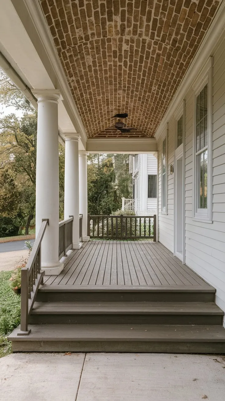 Inviting Porch Steps Under a Brick Ceiling