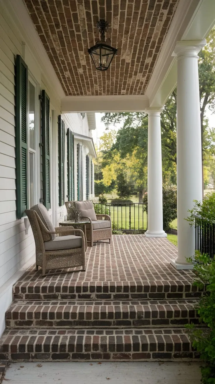 Charming Front Porch with Brick Ceiling and Cozy Seating