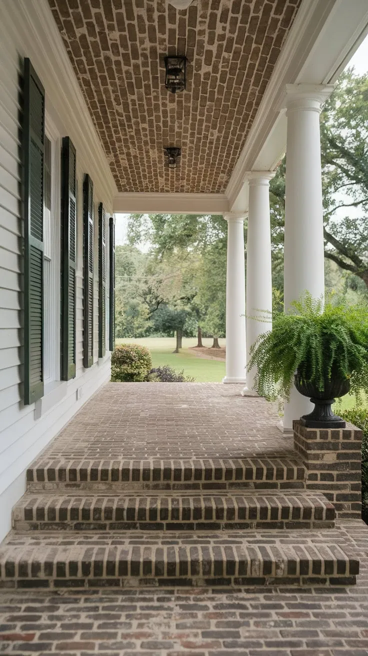 Elegant Front Porch Oasis with Brick Details and Greenery