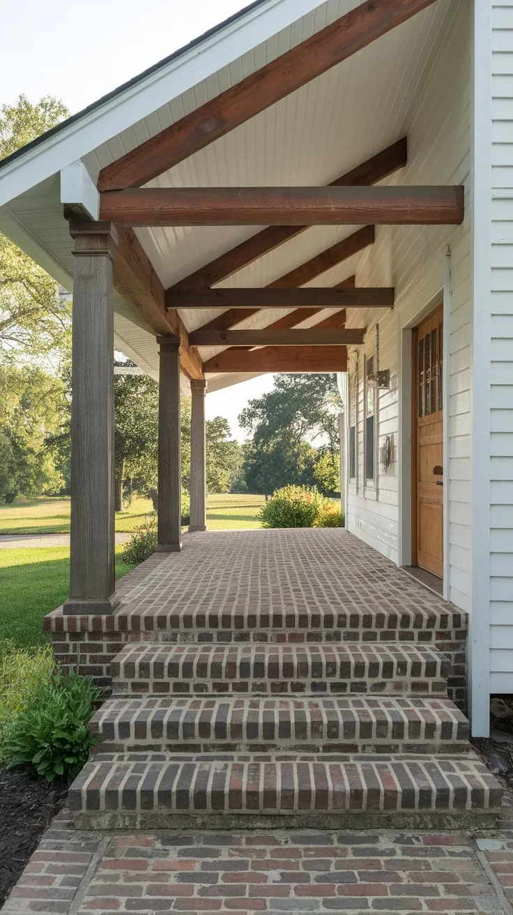 Charming Front Porch with Beamed Ceiling and Brick Accents