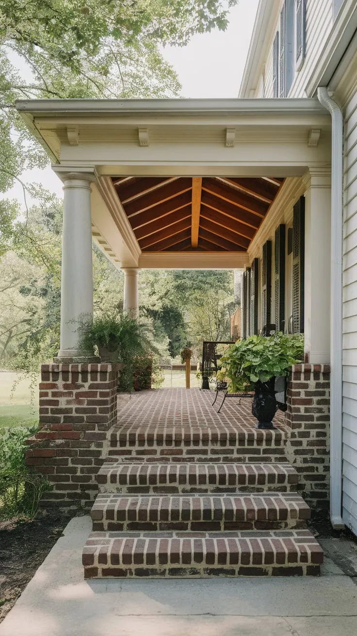 Inviting Porch Oasis with Brick Steps and Rustic Ceiling