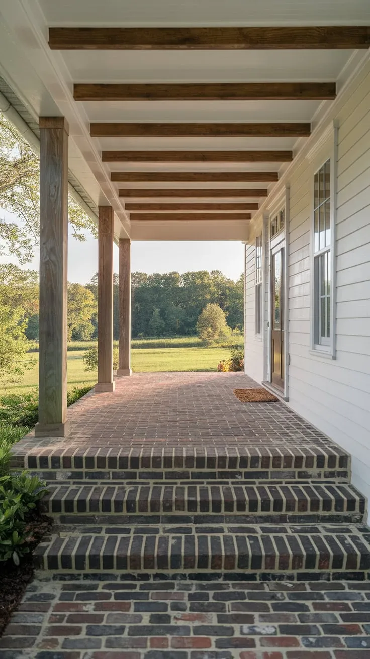 Charming Front Porch with Wooden Beams and Brick Steps