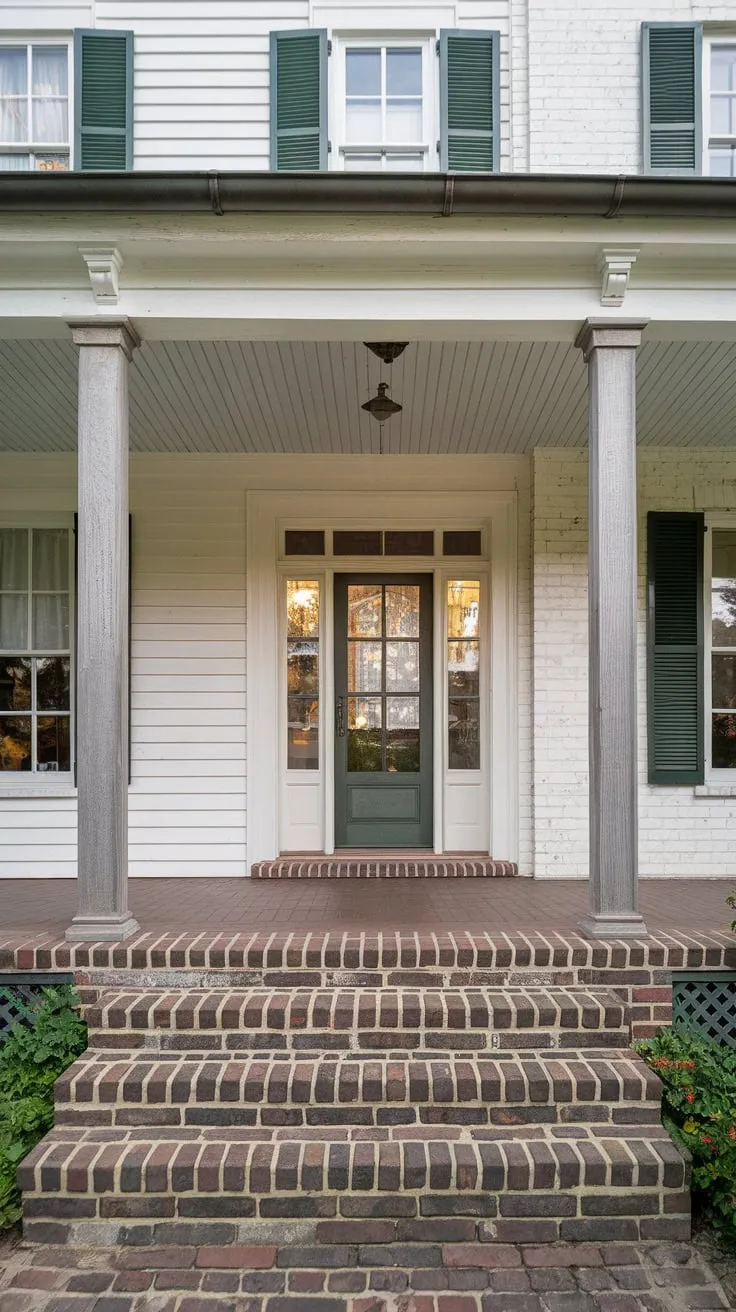 Charming Rustic Front Porch with Slatted Ceiling and Brick Steps
