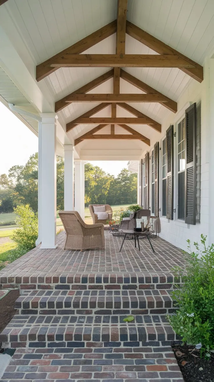 Inviting Porch Retreat Featuring Exposed Beams and Brick Accents