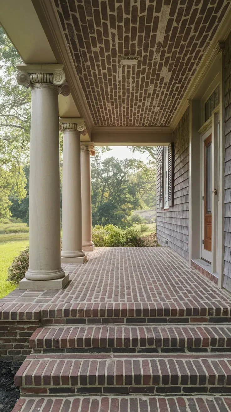Elegant Porch Oasis with Corinthian Columns and Brick Steps