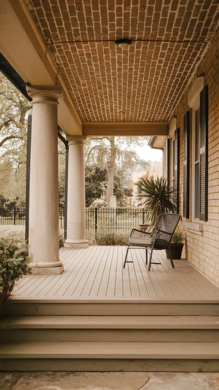 Cozy Porch Retreat Under a Brick Ceiling