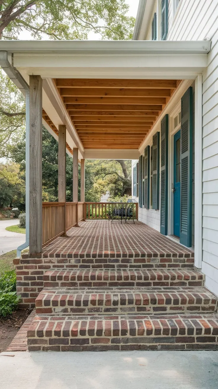 Charming Front Porch with Wooden Beams and Blue Door