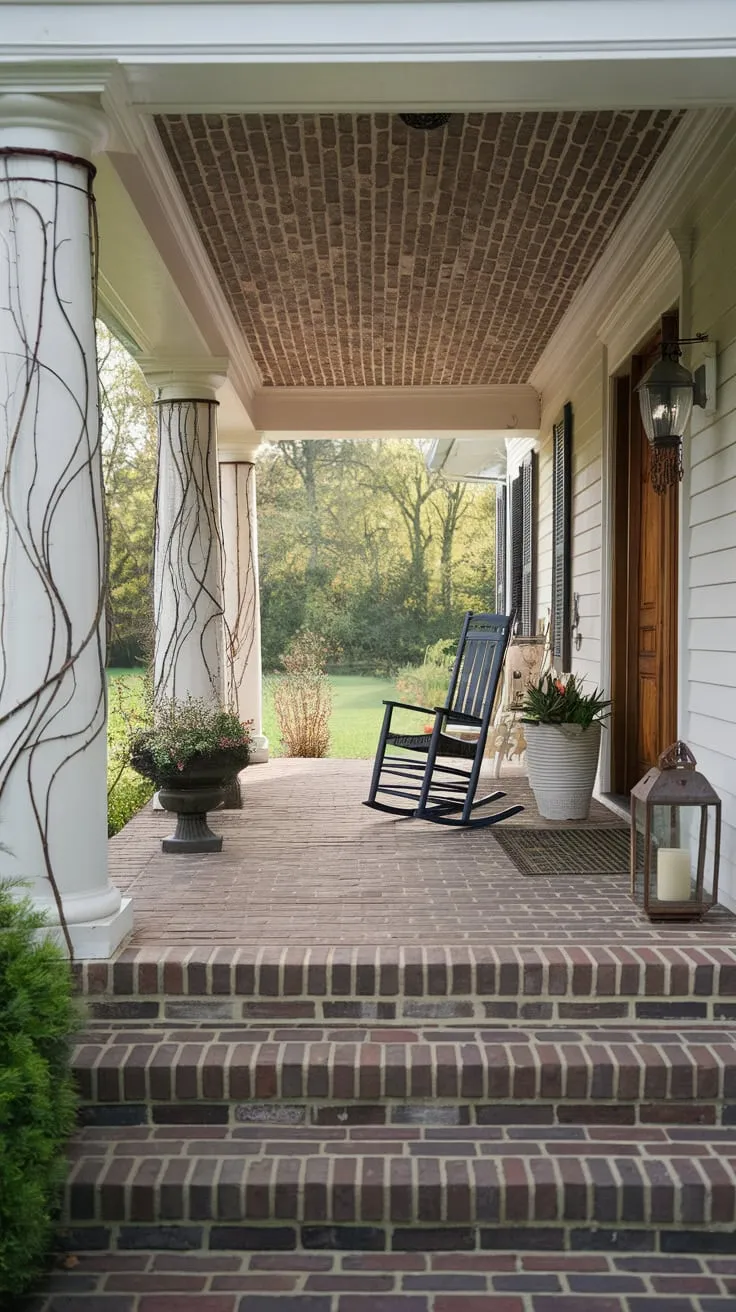 Inviting Porch Oasis with Brick Details and Cozy Decor